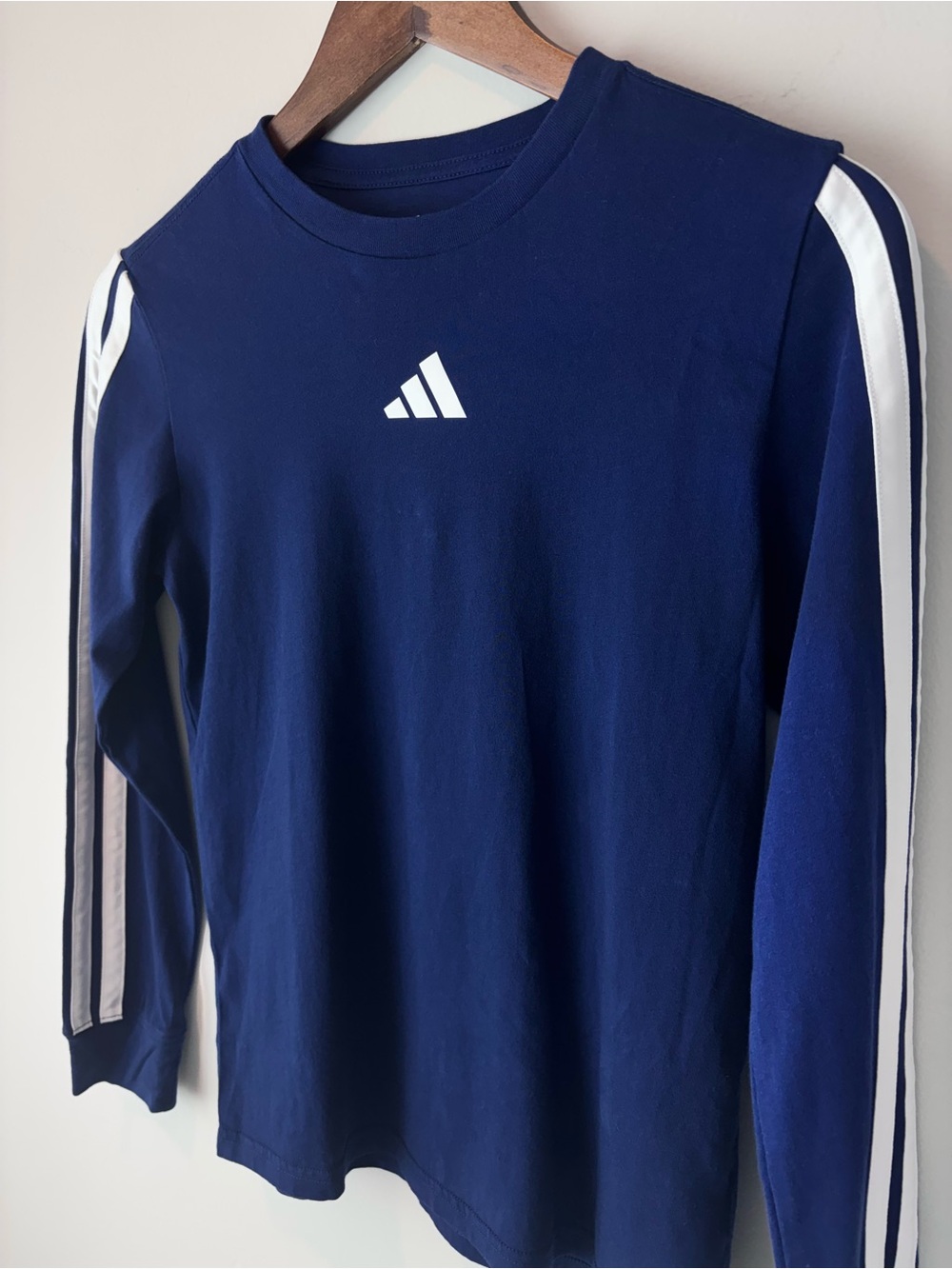 adidas Boys Long Sleeve Shirt Youth M 10/12 Blue White 3 Stripe Athletic